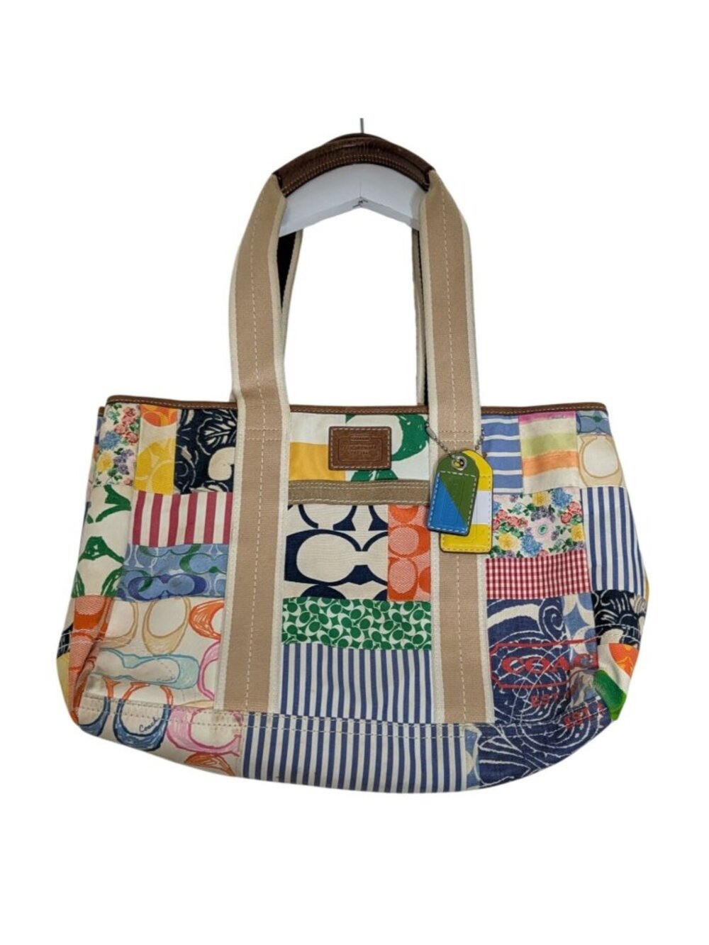 Vtg Coach Hamptons Weekend Patchwork Tote Bag Multicolor Canvas & Leather Trim